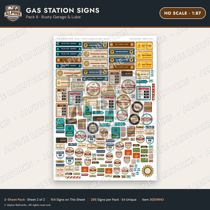 Alpine Railworks 30019HO HO Scale Gas Station Signs - Rusty Garage
