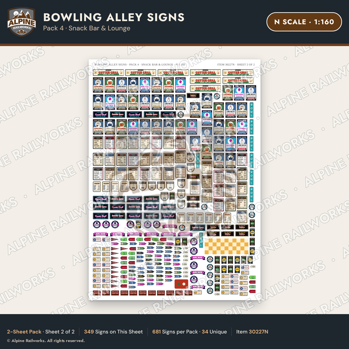 Alpine Railworks 30227N N Scale Bowling Alley Signs - Snack Bar