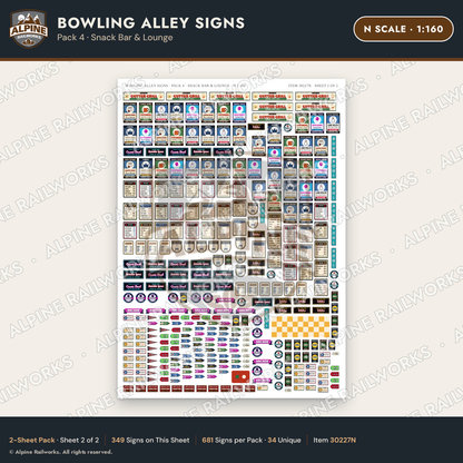 Alpine Railworks 30227N N Scale Bowling Alley Signs - Snack Bar