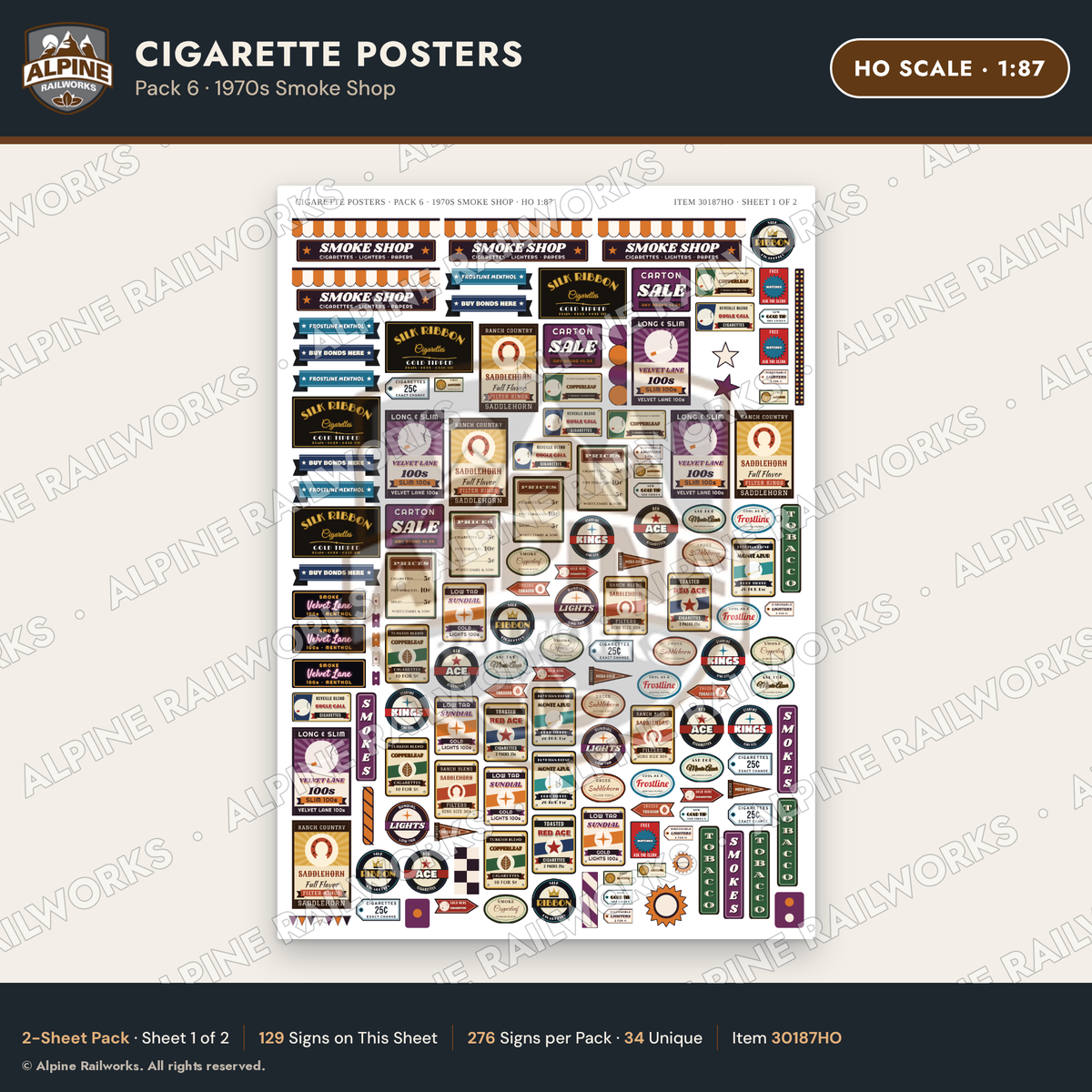 Alpine Railworks 30187HO HO Scale Cigarette Posters - 1970s Smoke Shop