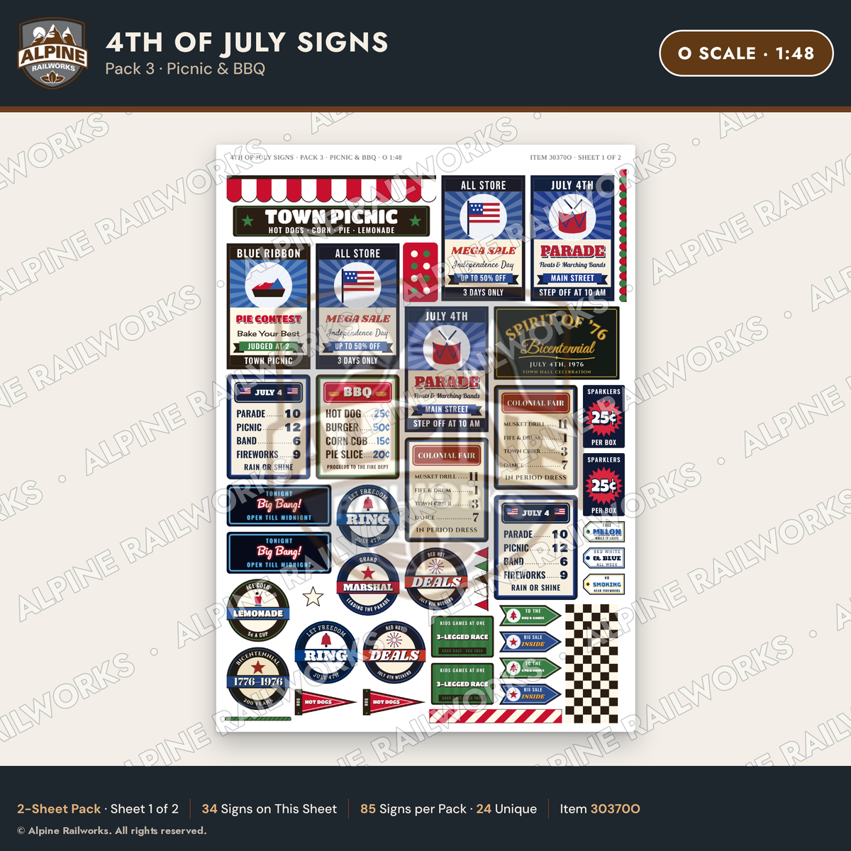 Alpine Railworks 30370O O Scale 4th of July Signs - Picnic & BBQ