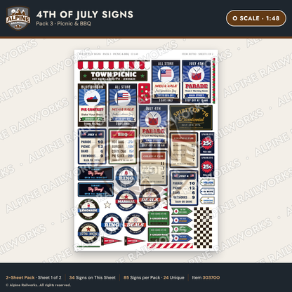 Alpine Railworks 30370O O Scale 4th of July Signs - Picnic & BBQ