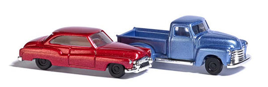 Busch 8349 N Scale 1950s Chevy Pickup & Buick 2-Door Set - Assembled -- Metallic Blue truck, Metallic Red car