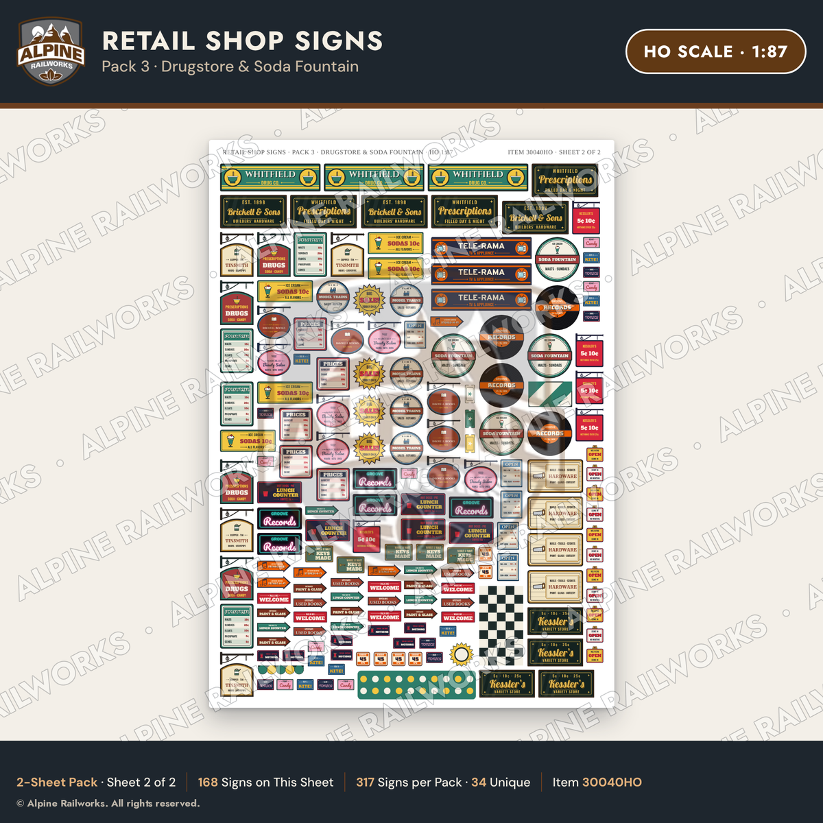 Alpine Railworks 30040HO HO Scale Retail Shop Signs - Drugstore
