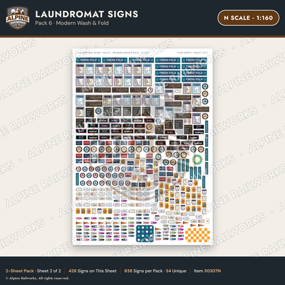 Alpine Railworks 30307N N Scale Laundromat Signs - Modern Wash & Fold