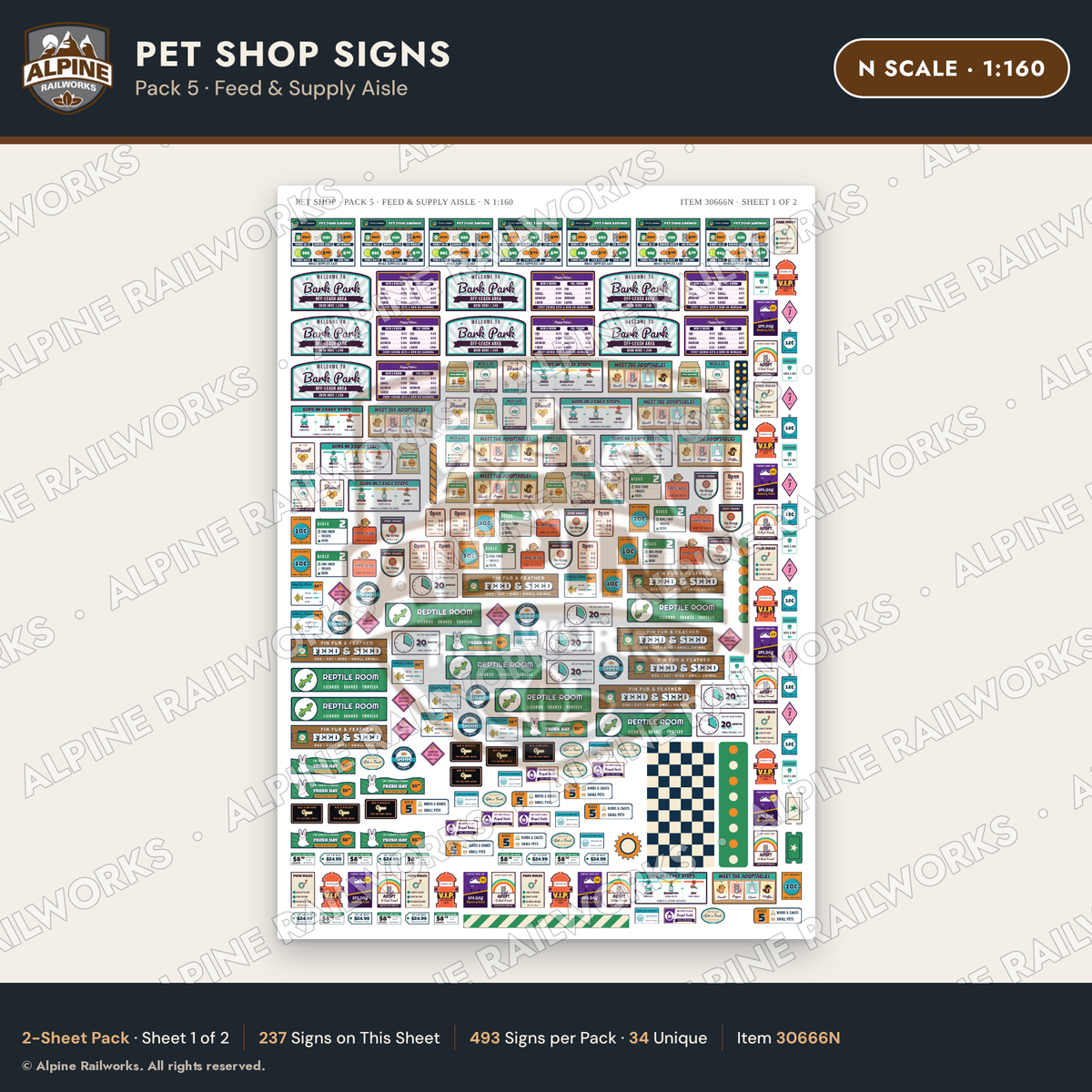 Alpine Railworks 30666N N Scale Pet Shop Signs - Feed & Supply Aisle