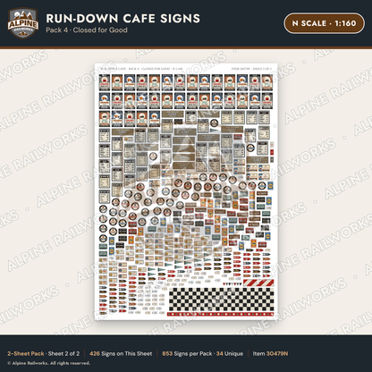 Alpine Railworks 30479N N Scale Run-Down Cafe Signs - Closed for Good