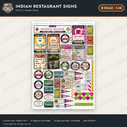 Alpine Railworks 30394O O Scale Indian Restaurant Signs - Sweet Shop