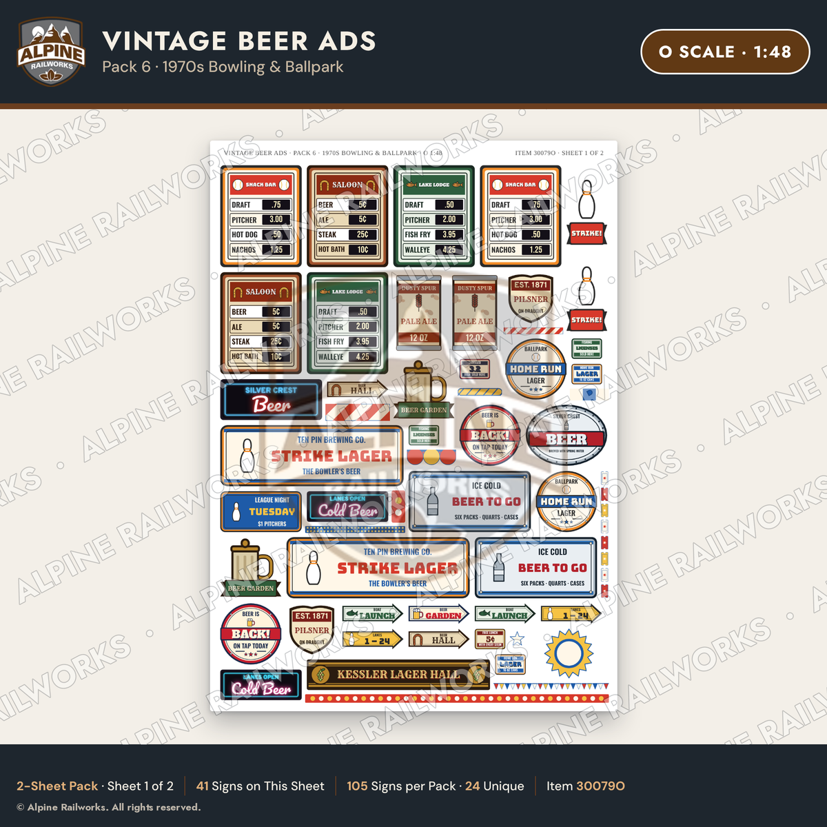 Alpine Railworks 30079O O Scale Vintage Beer Ads - 1970s Bowling