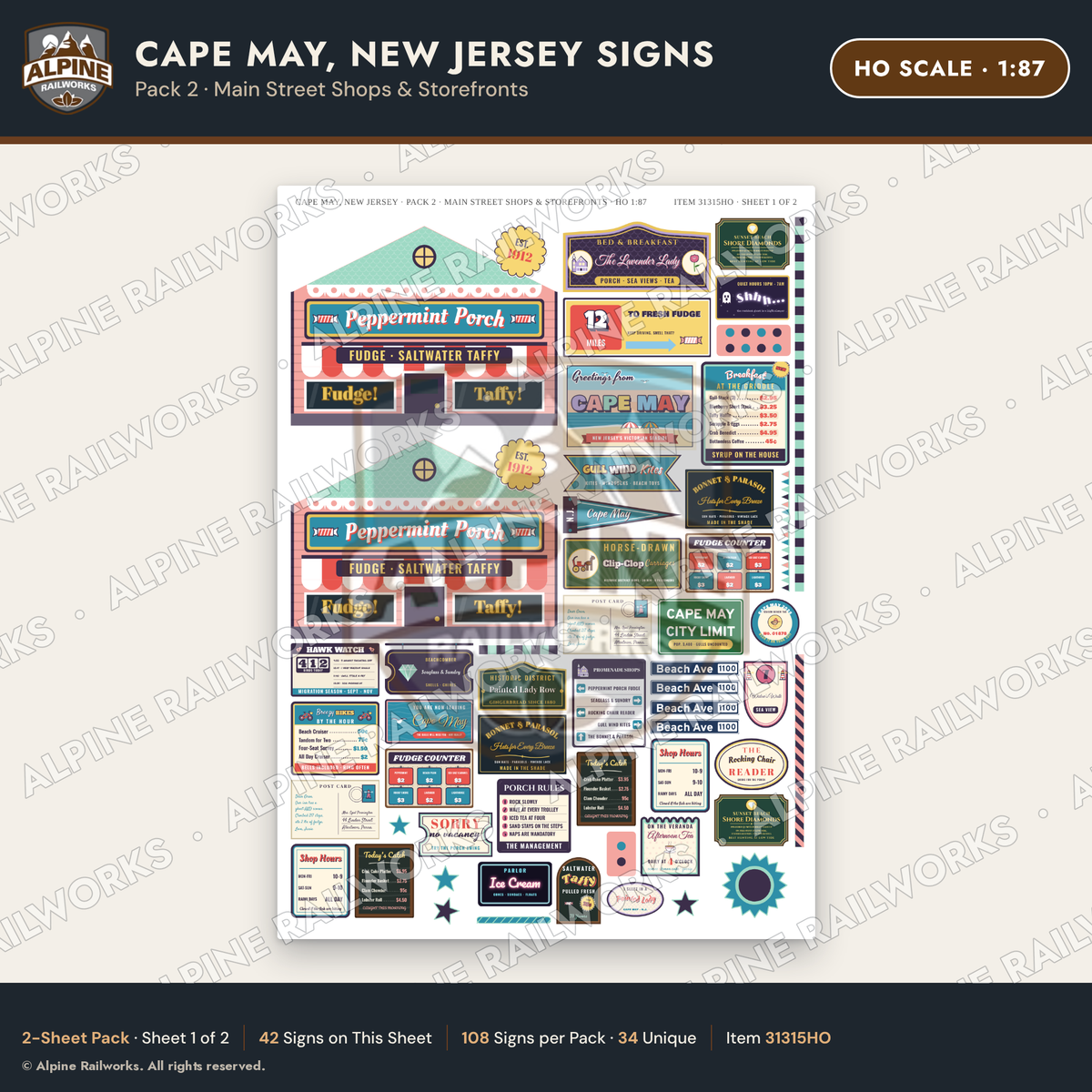 Alpine Railworks 31315HO HO Scale Cape May NJ Signs - Shops