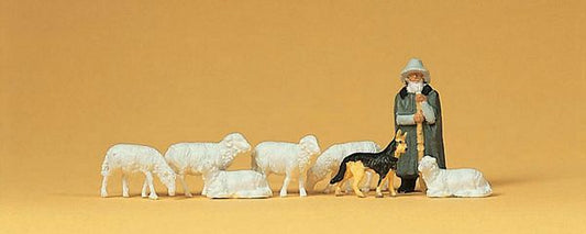 Preiser 14160 HO Scale Animals -- Shepherd w/Sheep Dog & Sheep pkg(8)