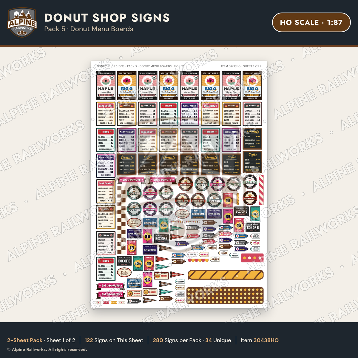 Alpine Railworks 30438HO HO Scale Donut Shop Signs - Donut Menu Boards