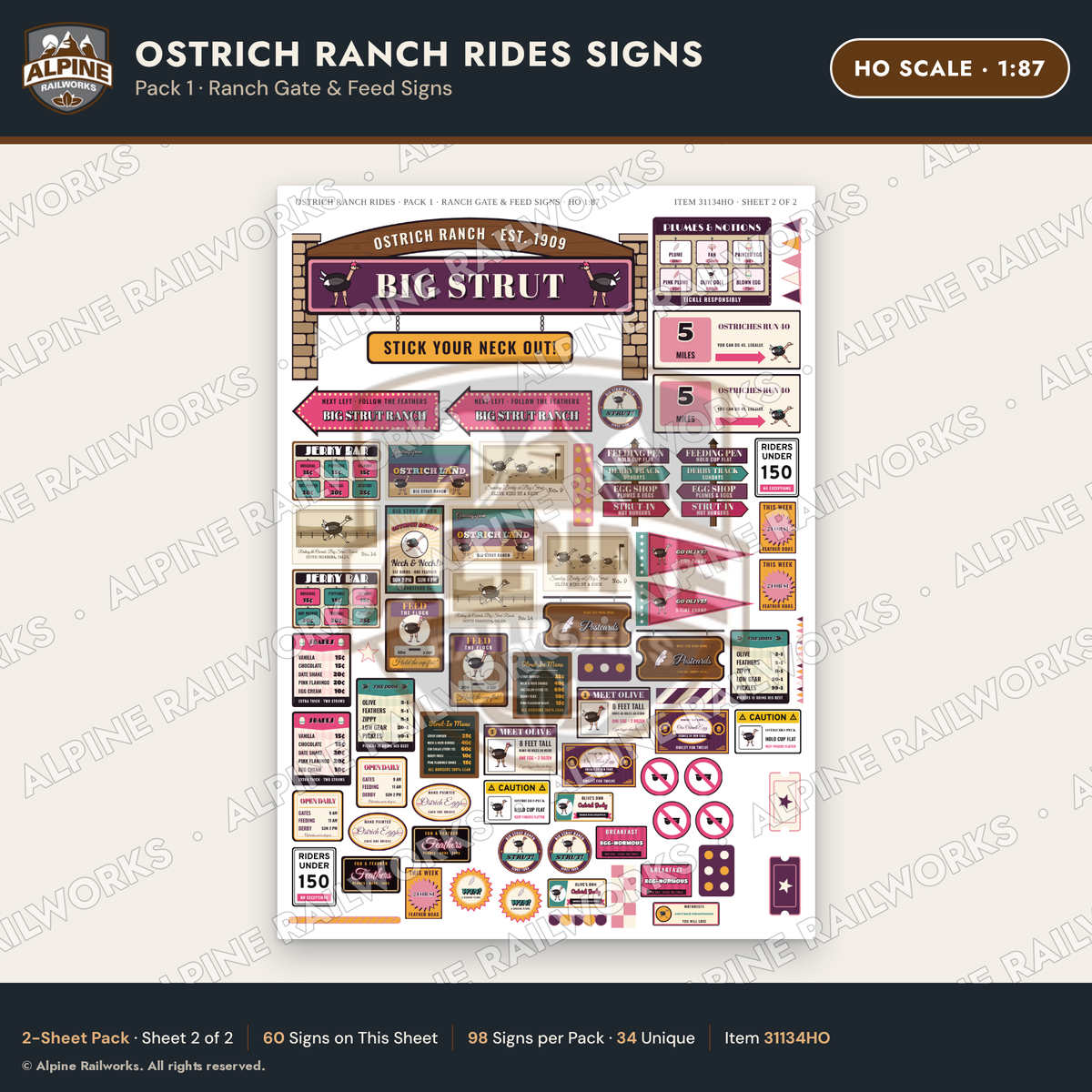 Alpine Railworks 31134HO HO Scale Roadside Signs - Ostrich Farm