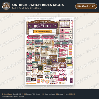 Alpine Railworks 31134HO HO Scale Roadside Signs - Ostrich Farm