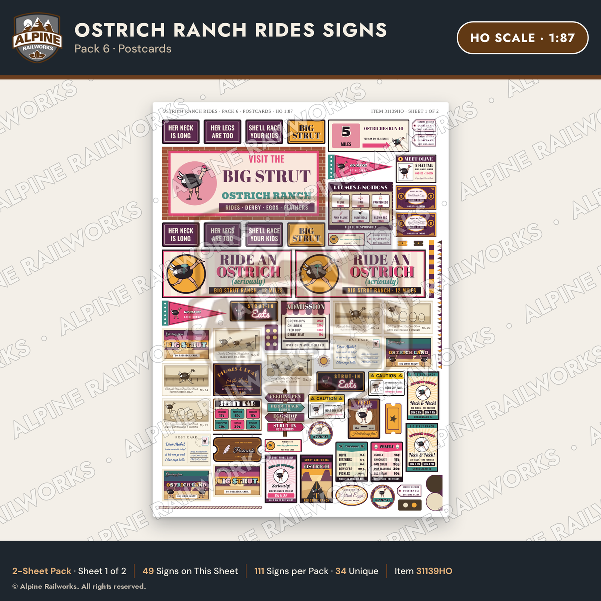 Alpine Railworks 31139HO HO Scale Roadside Signs - Ostrich Farm