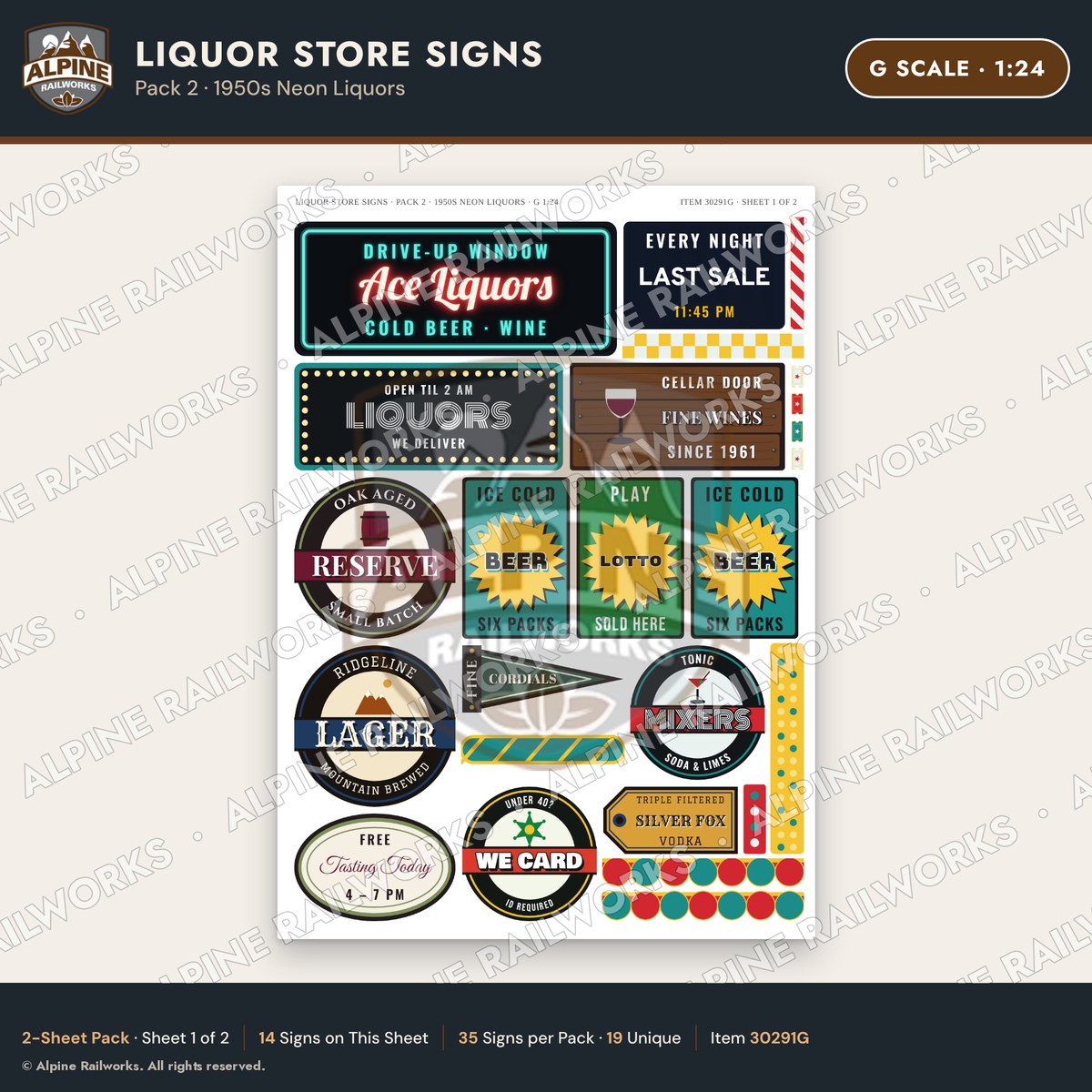 Alpine Railworks 30291G G Scale Liquor Store Signs - Neon Liquors