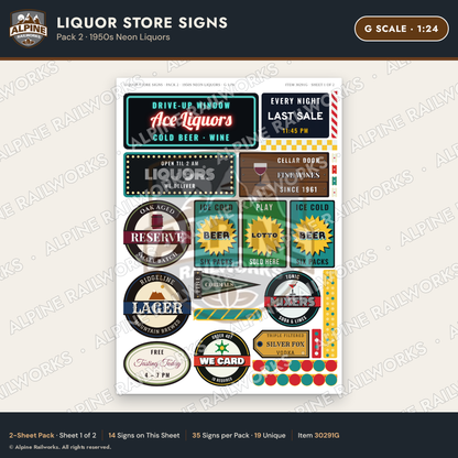 Alpine Railworks 30291G G Scale Liquor Store Signs - Neon Liquors