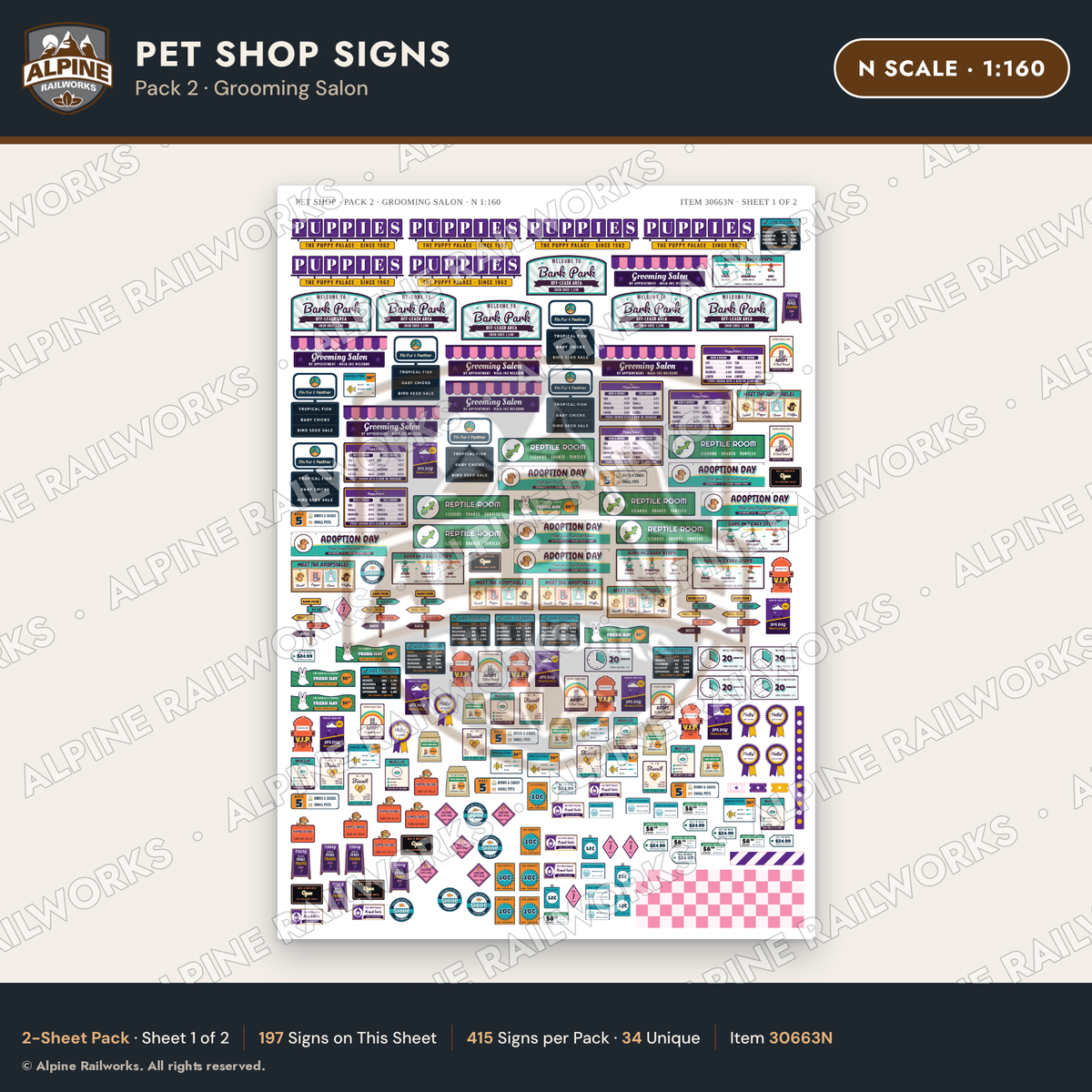 Alpine Railworks 30663N N Scale Pet Shop Signs - Grooming Salon