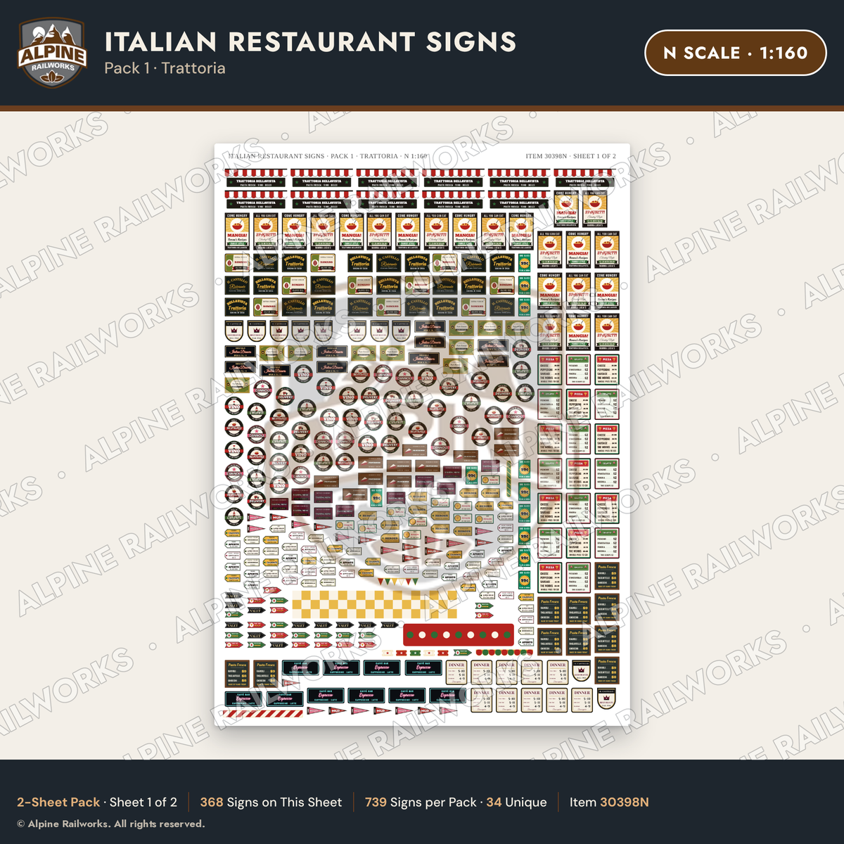 Alpine Railworks 30398N N Scale Italian Restaurant Signs - Trattoria
