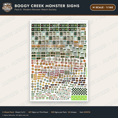 Alpine Railworks 30157N N Scale Boggy Creek Monster Signs