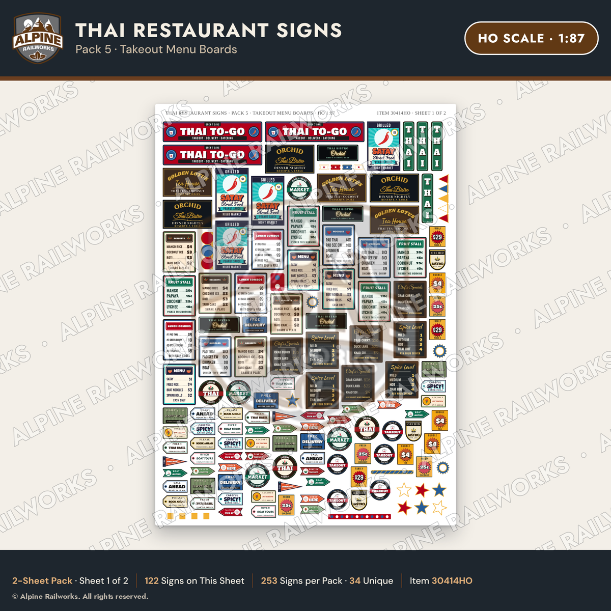 Alpine Railworks 30414HO HO Scale Thai Restaurant Signs