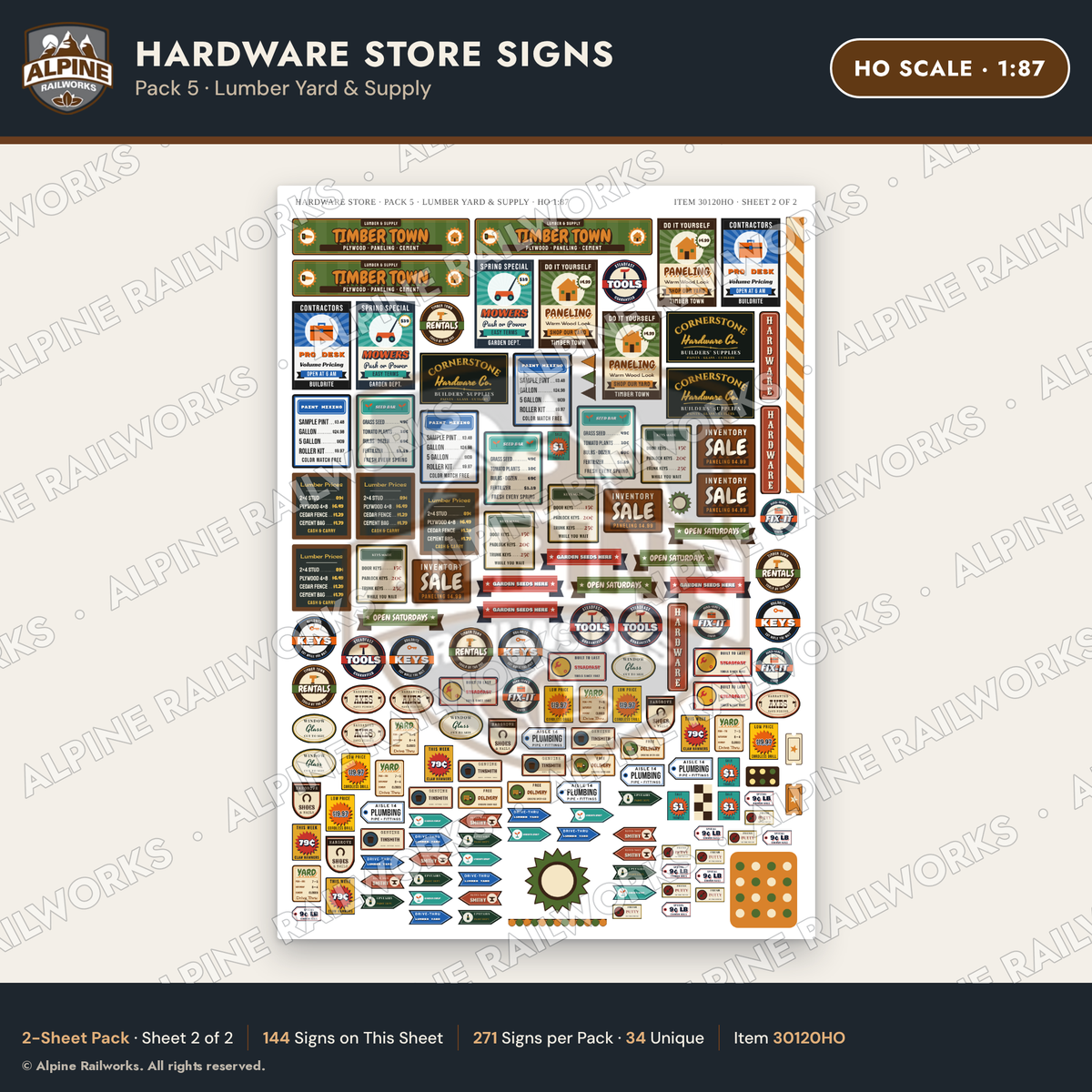 Alpine Railworks 30120HO HO Scale Hardware Store Signs - Lumber Yard