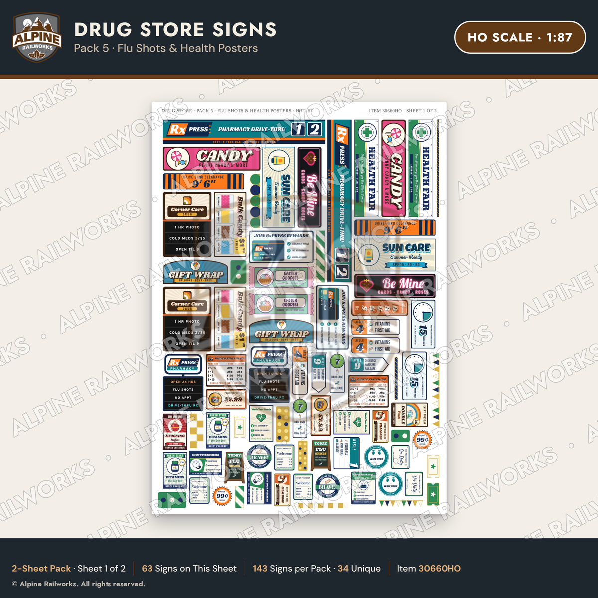 Alpine Railworks 30660HO HO Scale Drug Store Signs - Flu Shots