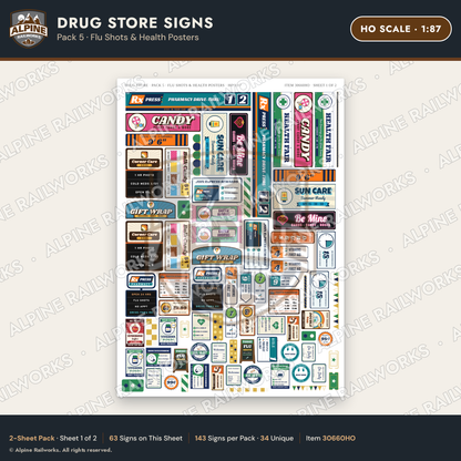 Alpine Railworks 30660HO HO Scale Drug Store Signs - Flu Shots