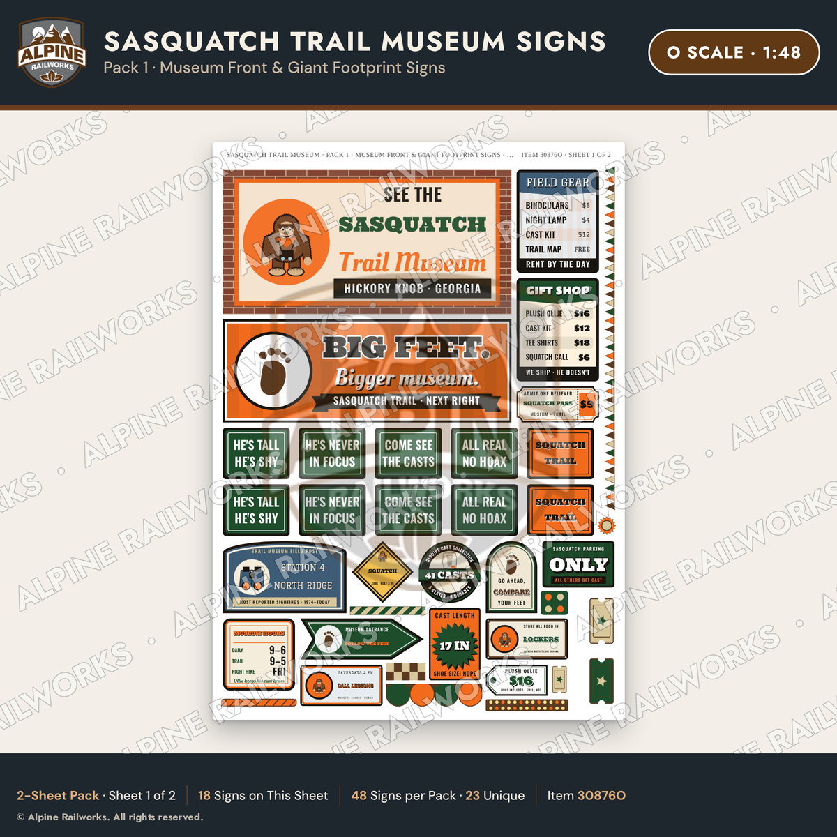 Alpine Railworks 30876O O Scale Roadside Signs - Bigfoot Museum