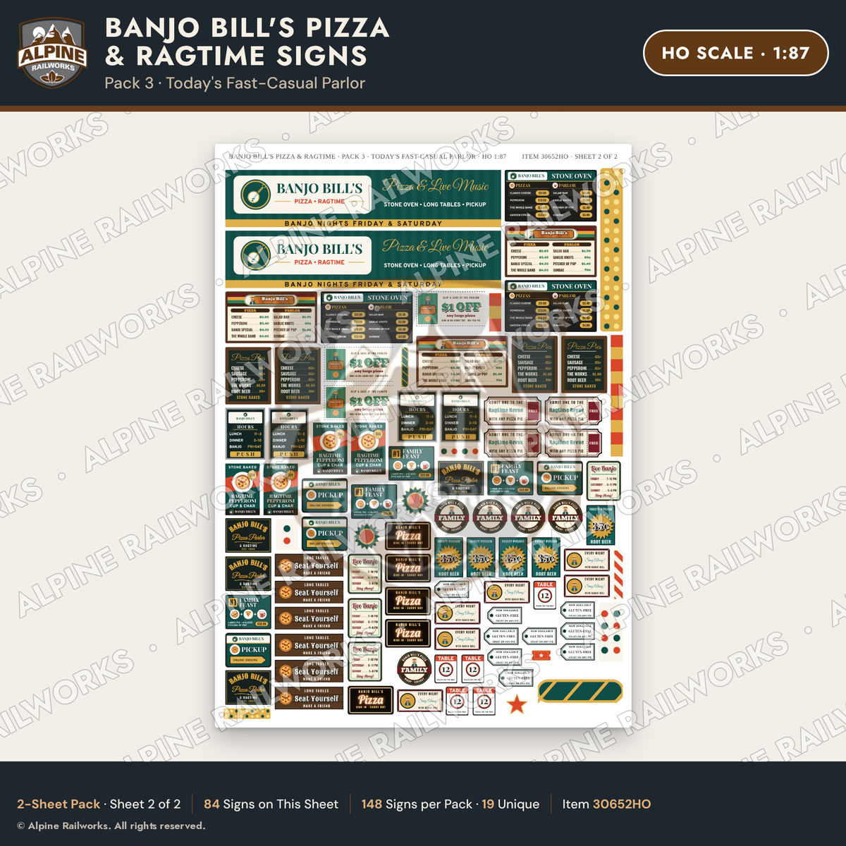 Alpine Railworks 30652HO HO Scale Restaurant Signs - Pizza Parlor