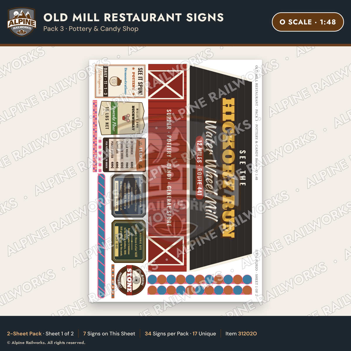 Alpine Railworks 31202O O Scale Old Mill Signs - Pottery & Candy Shop