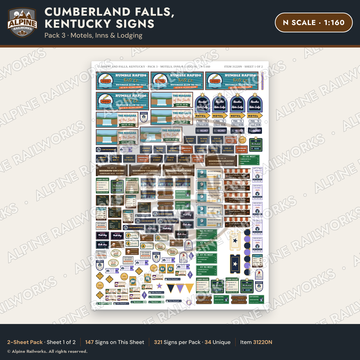 Alpine Railworks 31220N N Scale Cumberland Falls Signs - Motels & Inns
