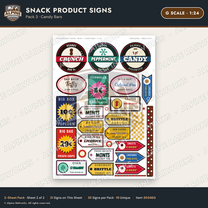 Alpine Railworks 30346G G Scale Snack Product Signs - Candy Bars