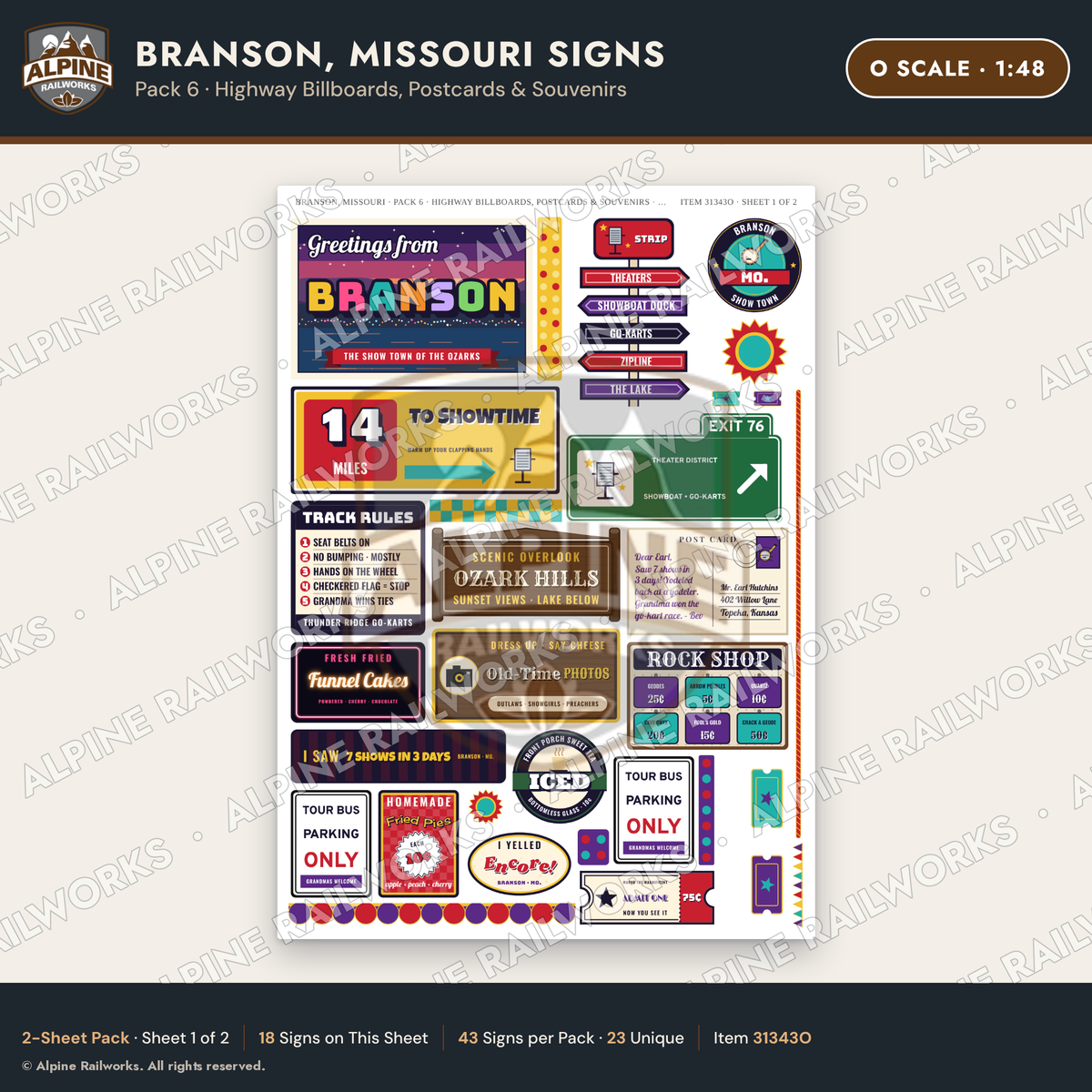 Alpine Railworks 31343O O Scale Branson MO Signs - Billboards