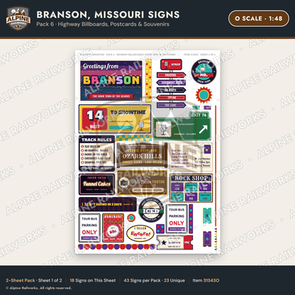 Alpine Railworks 31343O O Scale Branson MO Signs - Billboards
