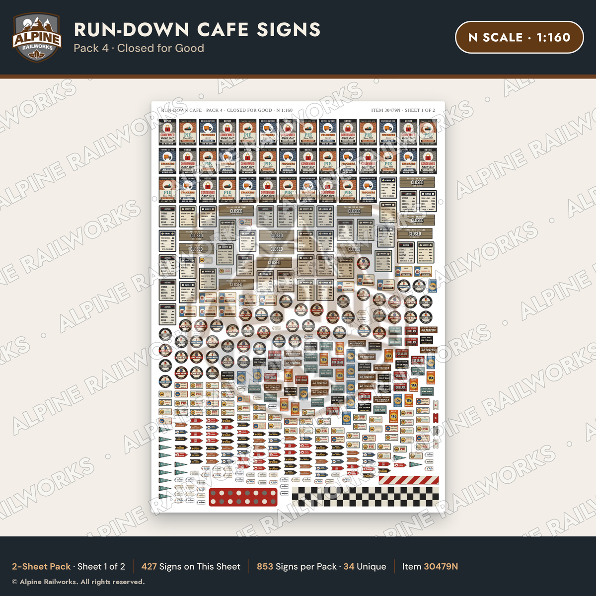 Alpine Railworks 30479N N Scale Run-Down Cafe Signs - Closed for Good