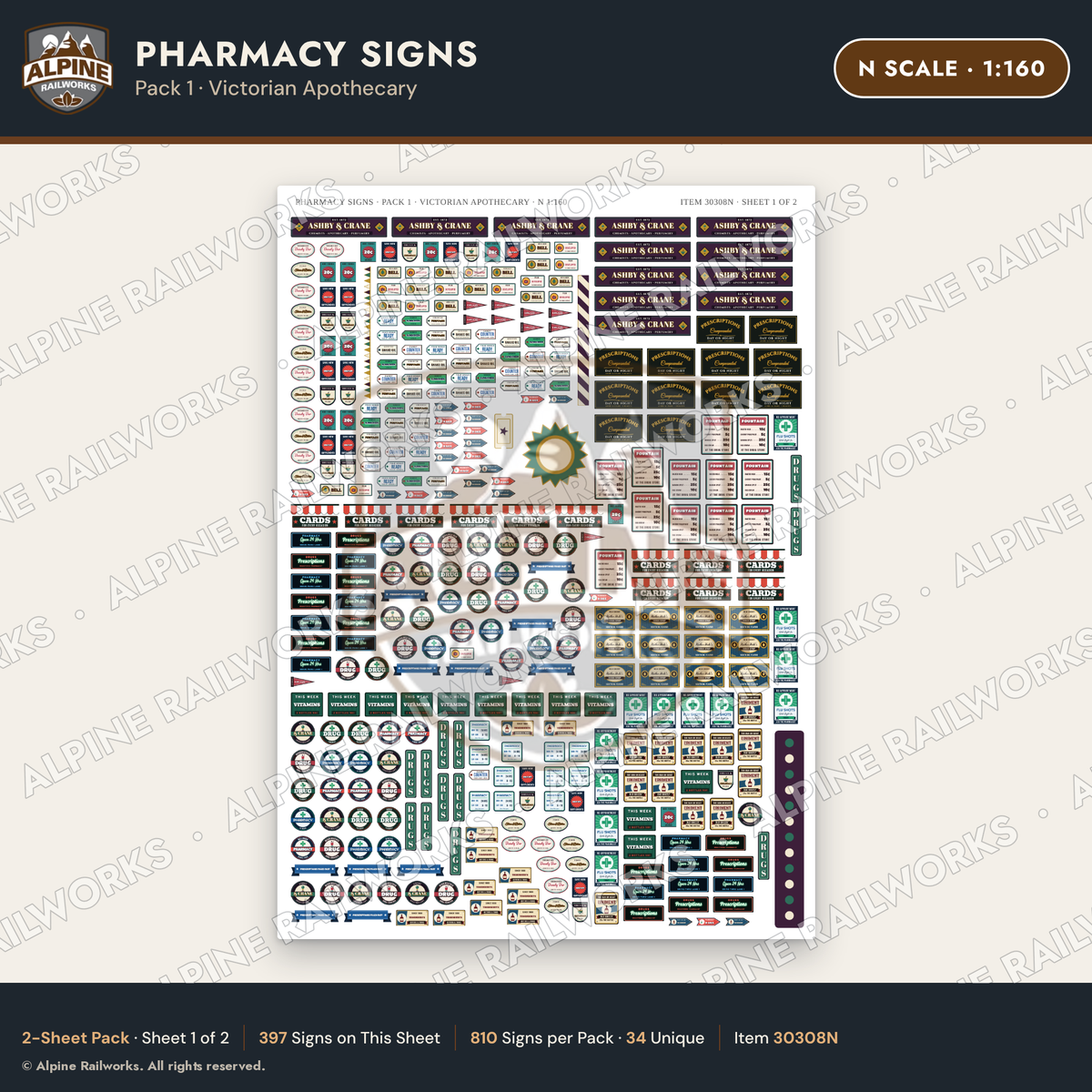 Alpine Railworks 30308N N Scale Pharmacy Signs - Victorian Apothecary