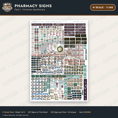 Alpine Railworks 30308N N Scale Pharmacy Signs - Victorian Apothecary