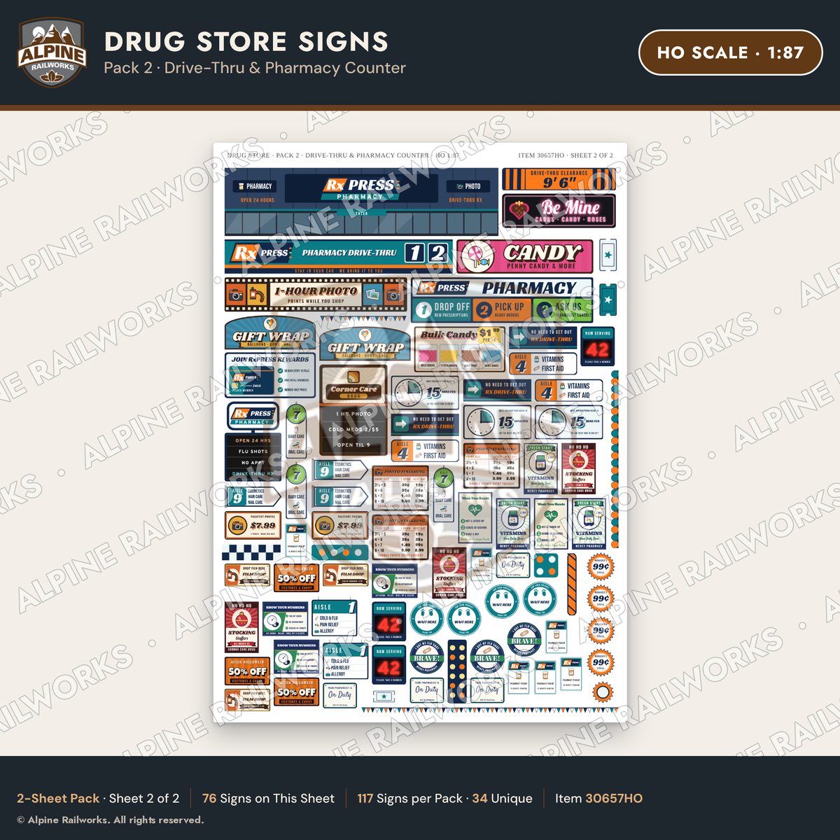 Alpine Railworks 30657HO HO Scale Drug Store Signs - Drive-Thru