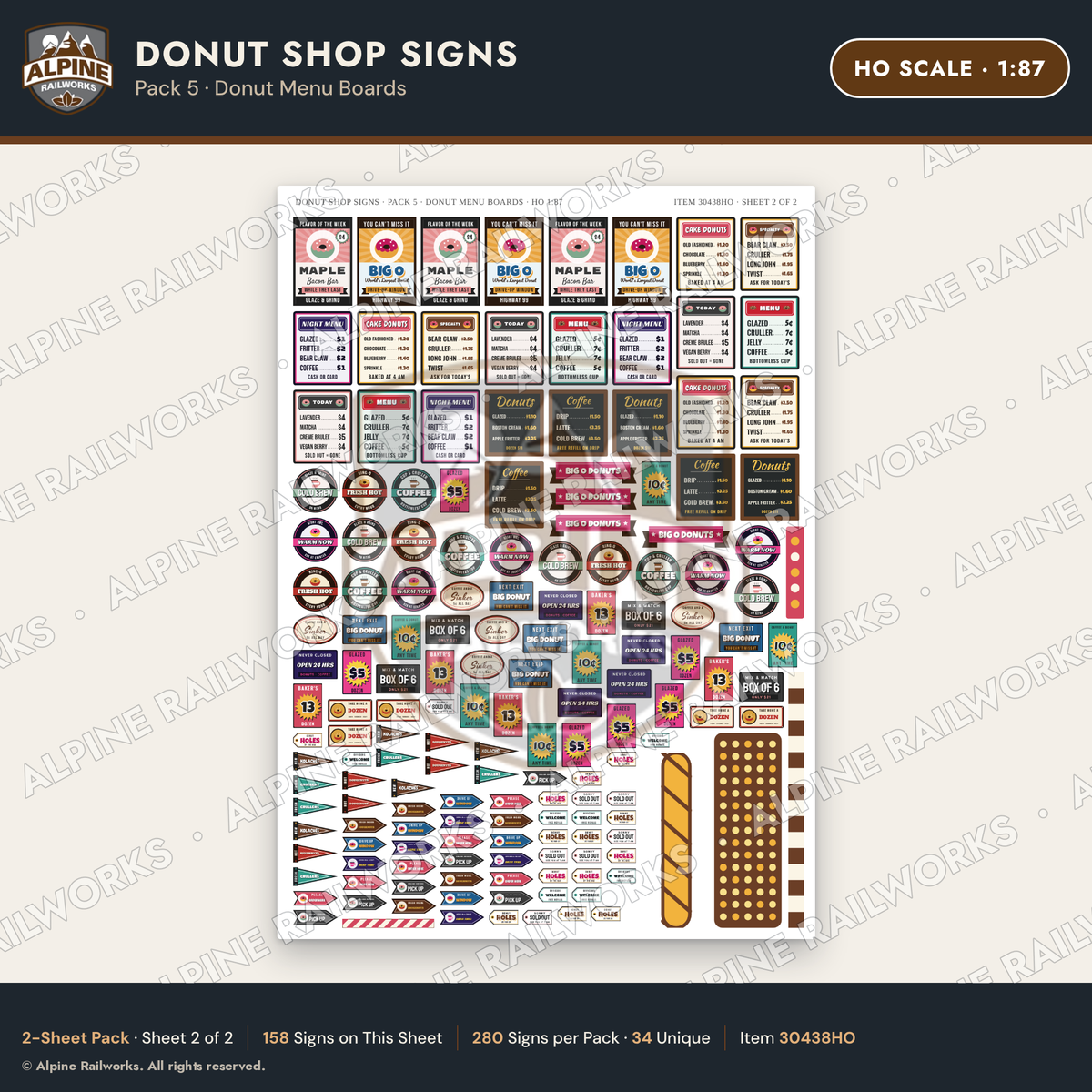 Alpine Railworks 30438HO HO Scale Donut Shop Signs - Donut Menu Boards