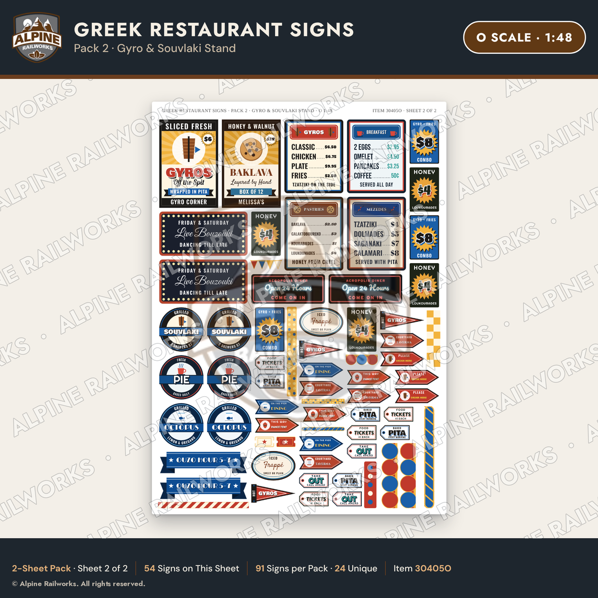Alpine Railworks 30405O O Scale Greek Restaurant Signs - Gyro