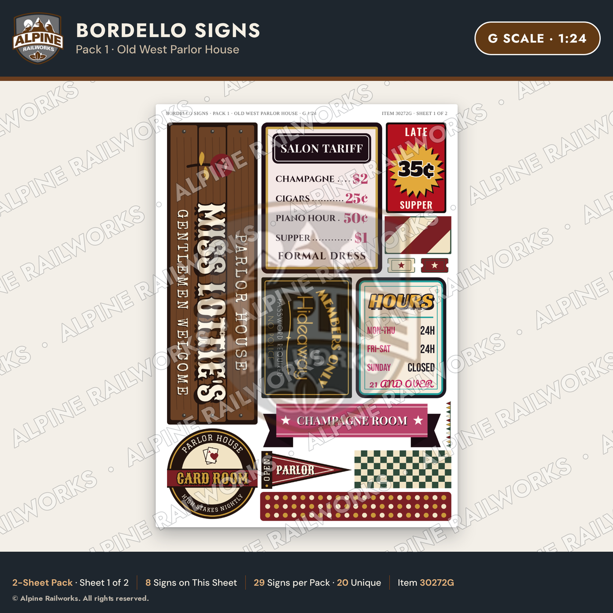 Alpine Railworks 30272G G Scale Bordello Signs - Old West Parlor House