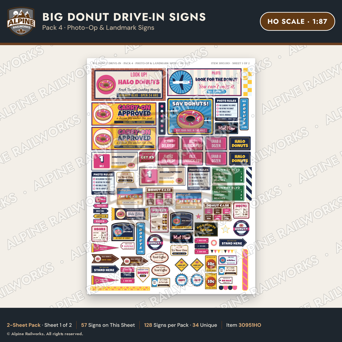 Alpine Railworks 30951HO HO Scale Roadside Signs - Giant Donut Shop