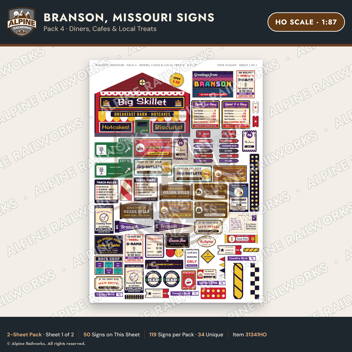 Alpine Railworks 31341HO HO Scale Branson MO Signs - Diners & Cafes