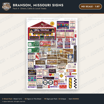 Alpine Railworks 31341HO HO Scale Branson MO Signs - Diners & Cafes