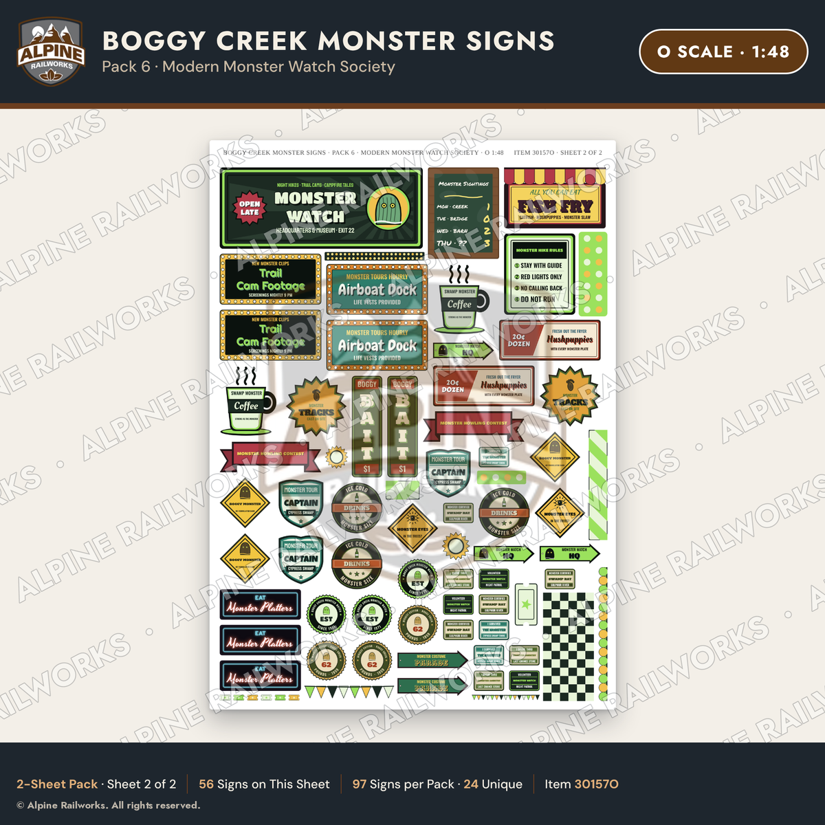 Alpine Railworks 30157O O Scale Boggy Creek Monster Signs