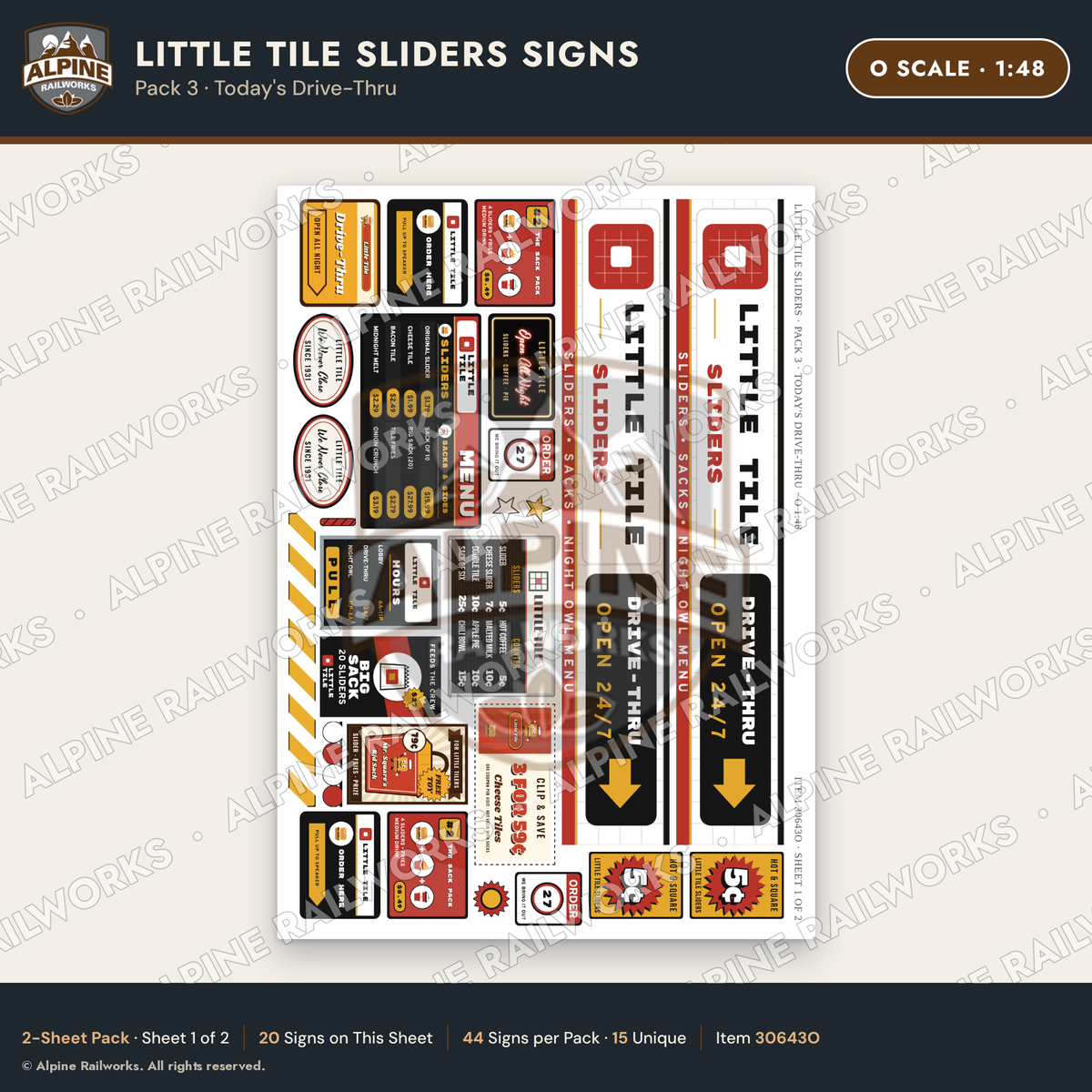 Alpine Railworks 30643O O Scale Fast Food Signs - Slider Burgers