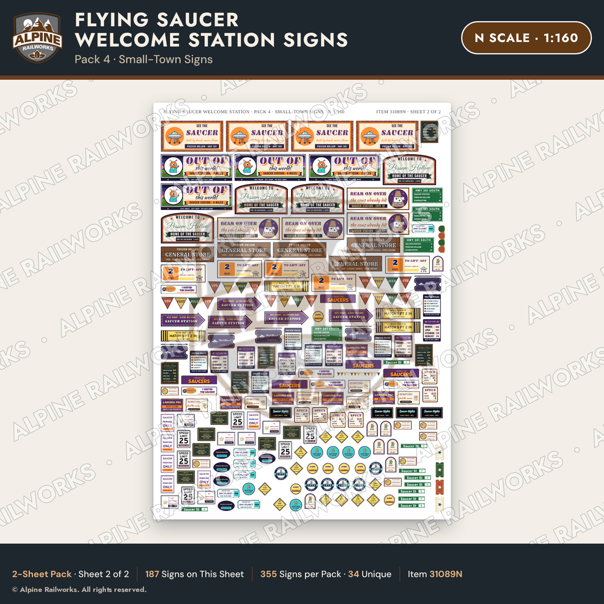 Alpine Railworks 31089N N Scale Roadside Signs - UFO Welcome Center
