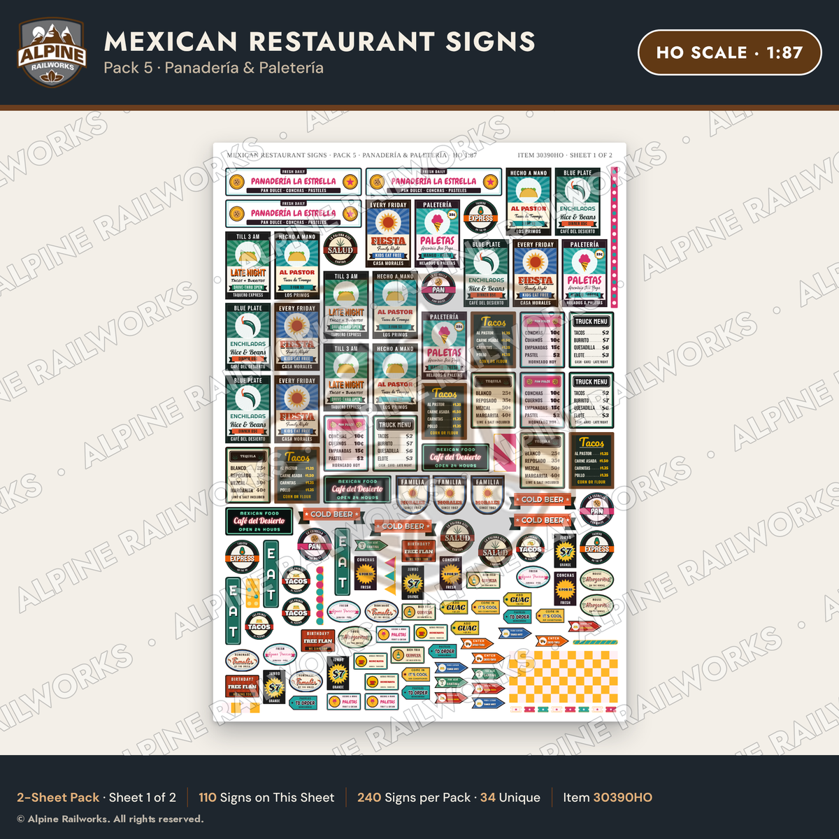 Alpine Railworks 30390HO HO Scale Mexican Restaurant Signs - Panaderia