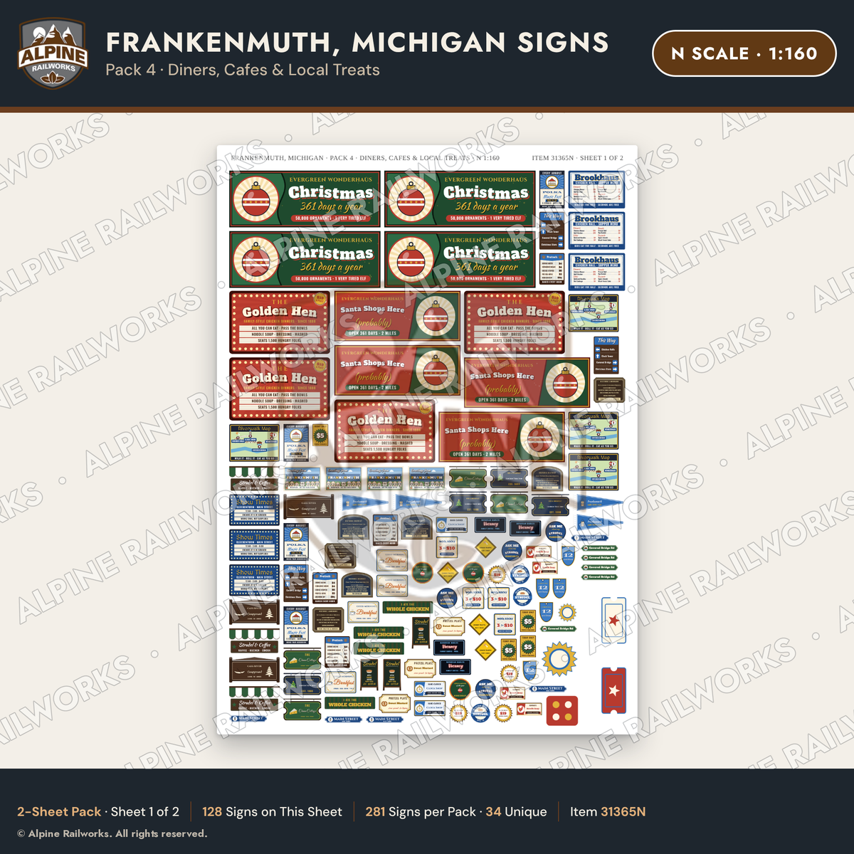 Alpine Railworks 31365N N Scale Frankenmuth MI Signs - Diners & Cafes